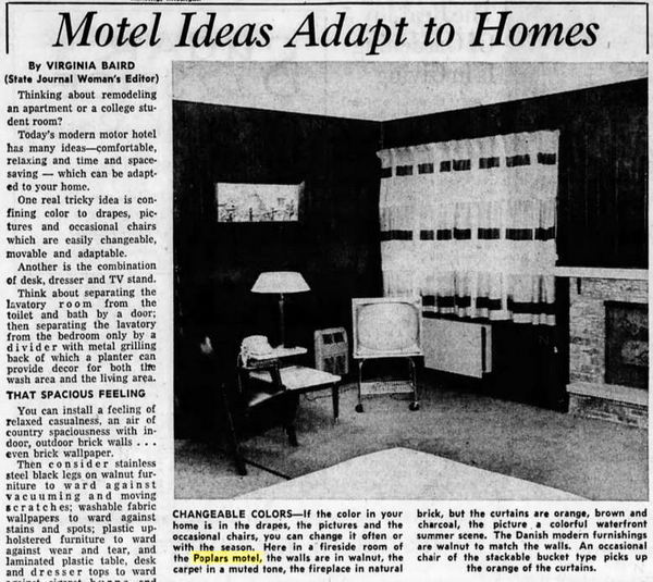 Poplars Motel (Clarion Pointe East) - March 1960 Article On Interior Design